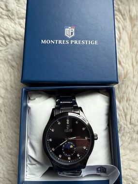 Montres Prestige NIB Men’s Black Stainless Steel Watch with Moonphase